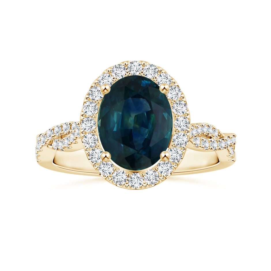 8.92x7.07x6.66mm AAA GIA Certified Oval Teal Sapphire Twisted Diamond Shank Ring with Halo in Yellow Gold 