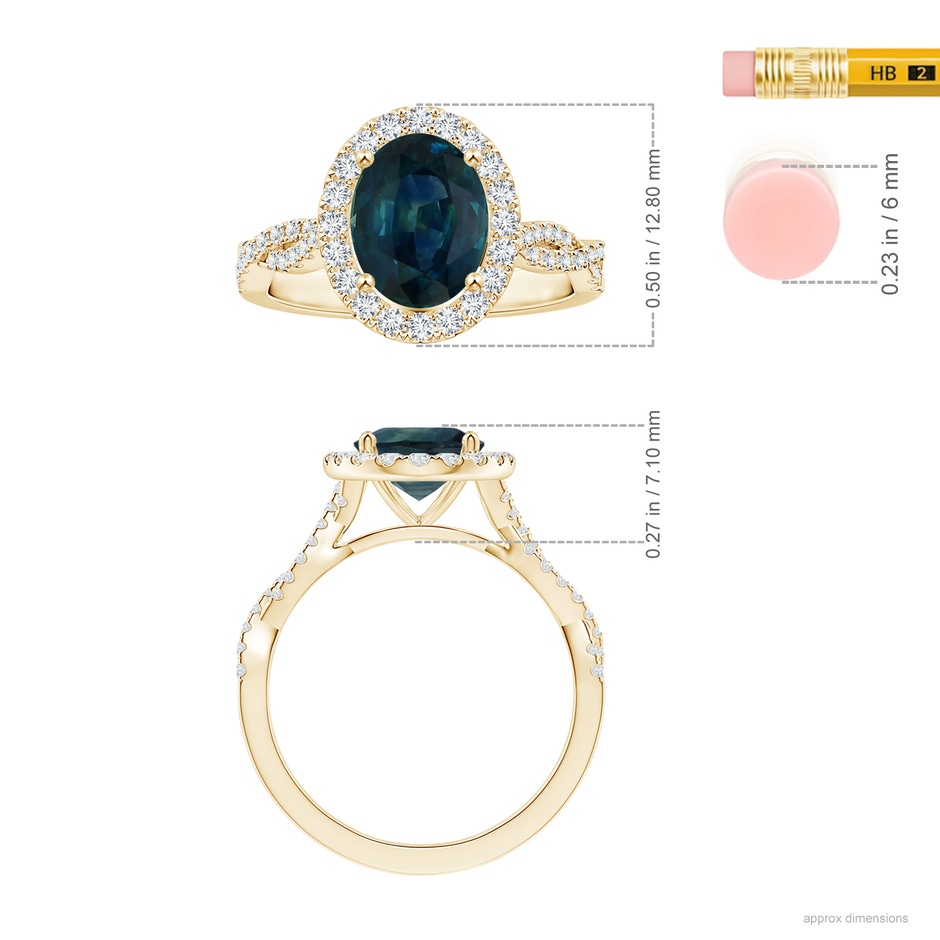 8.92x7.07x6.66mm AAA GIA Certified Oval Teal Sapphire Twisted Diamond Shank Ring with Halo in Yellow Gold ruler
