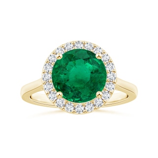8.78-8.89x5.90mm AAA GIA Certified Round Emerald Reverse Tapered Shank Ring with Halo in 18K Yellow Gold