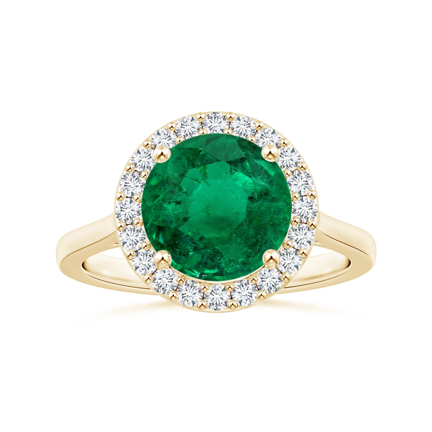 8.78-8.89x5.90mm AAA GIA Certified Round Emerald Reverse Tapered Shank Ring with Halo in Yellow Gold