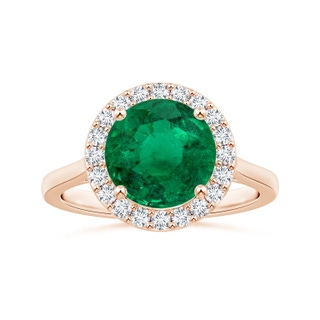 8.92x8.80mm AAA GIA Certified Round Emerald Reverse Tapered Shank Ring with Halo in 10K Rose Gold