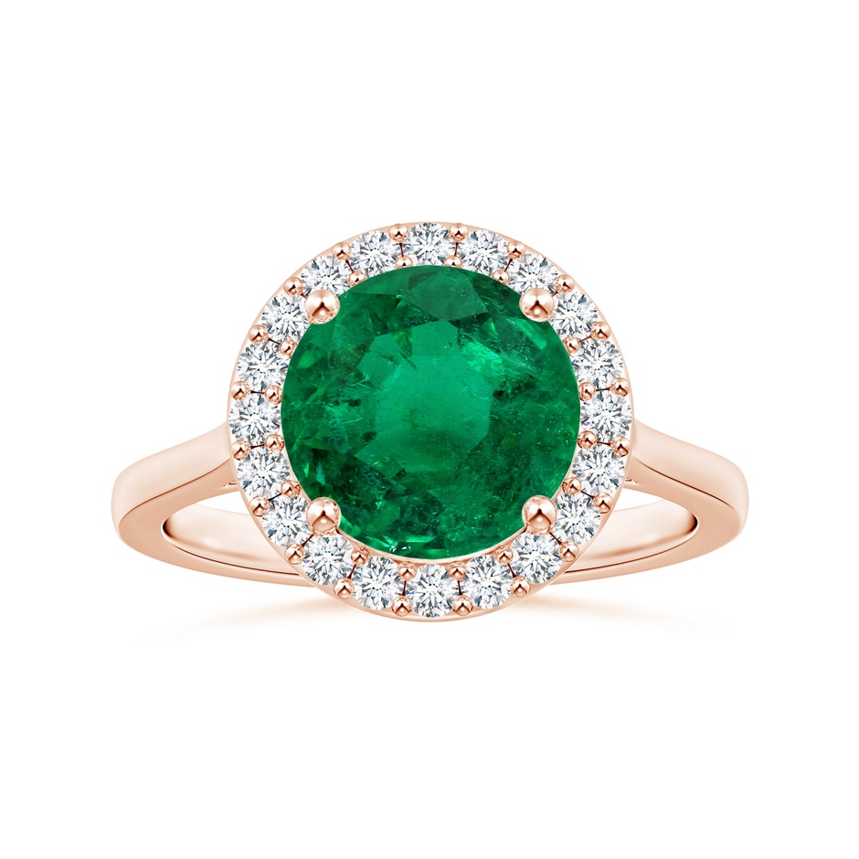 8.92x8.80mm AAA GIA Certified Round Emerald Reverse Tapered Shank Ring with Halo in 18K Rose Gold 
