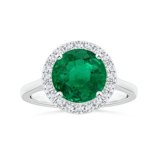 8.92x8.80mm AAA GIA Certified Round Emerald Reverse Tapered Shank Ring with Halo in 18K White Gold