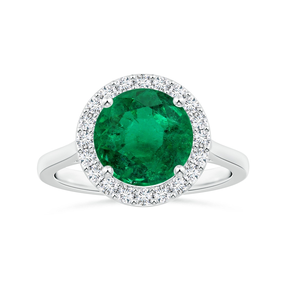 8.92x8.80mm AAA GIA Certified Round Emerald Reverse Tapered Shank Ring with Halo in P950 Platinum 