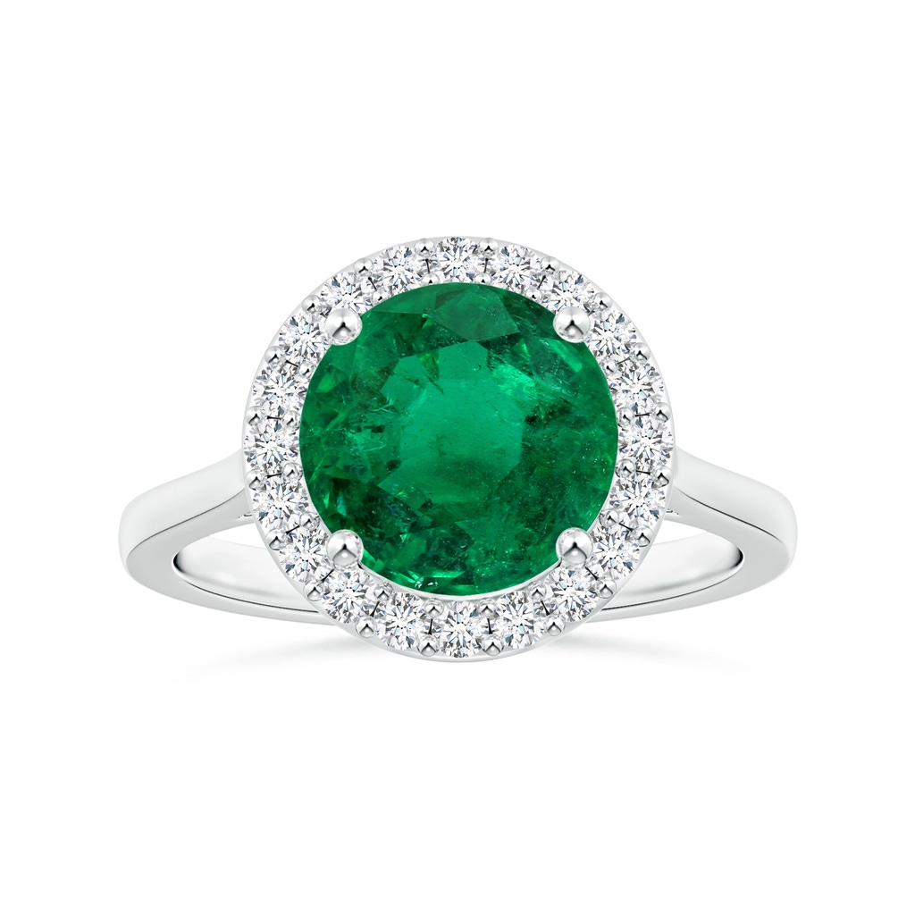 8.92x8.80mm AAA GIA Certified Round Emerald Reverse Tapered Shank Ring with Halo in White Gold 
