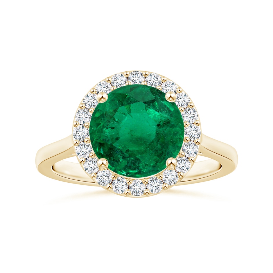 8.92x8.80mm AAA GIA Certified Round Emerald Reverse Tapered Shank Ring with Halo in Yellow Gold 