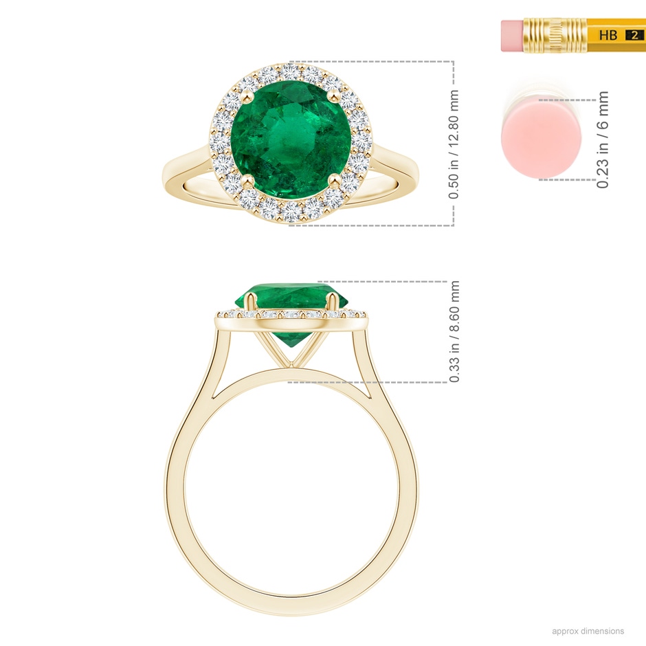 8.92x8.80mm AAA GIA Certified Round Emerald Reverse Tapered Shank Ring with Halo in Yellow Gold ruler