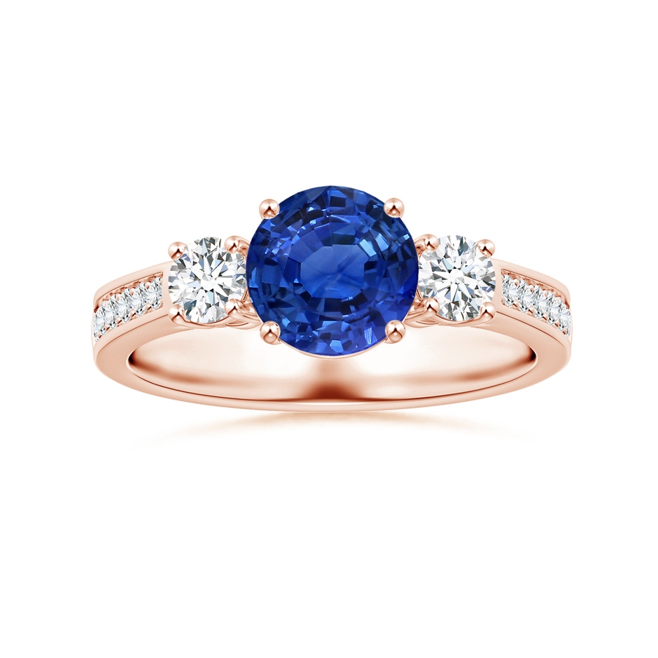 7.04x6.97x4.85mm AAA Three Stone Sapphire Reverse Tapered Shank Ring with Diamonds in 18K Rose Gold 