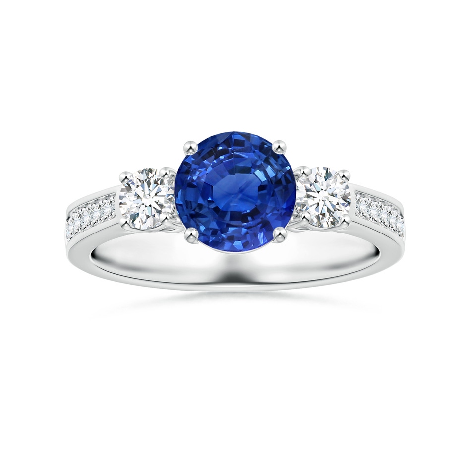 7.04x6.97x4.85mm AAA Three Stone Sapphire Reverse Tapered Shank Ring with Diamonds in White Gold 