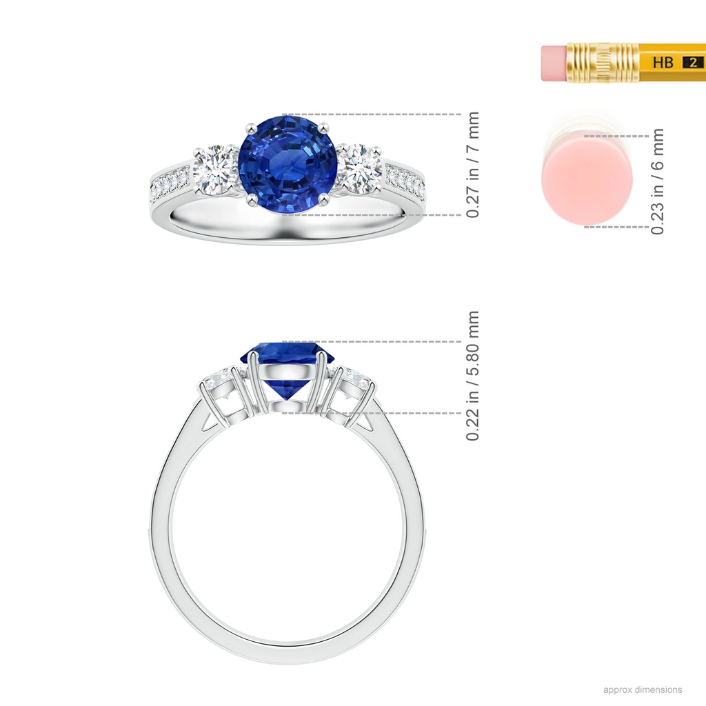 7.04x6.97x4.85mm AAA Three Stone Sapphire Reverse Tapered Shank Ring with Diamonds in White Gold ruler