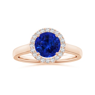 7.07x7.05x4.55mm AAAA GIA Certified Round Blue Sapphire Ring with Halo in Rose Gold