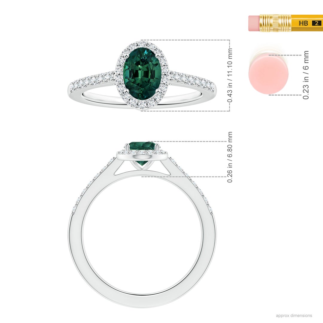 8.08x6.05x4.30mm AAA GIA Certified Oval Teal Montana Sapphire Halo Ring with Diamonds in 18K White Gold - ruler