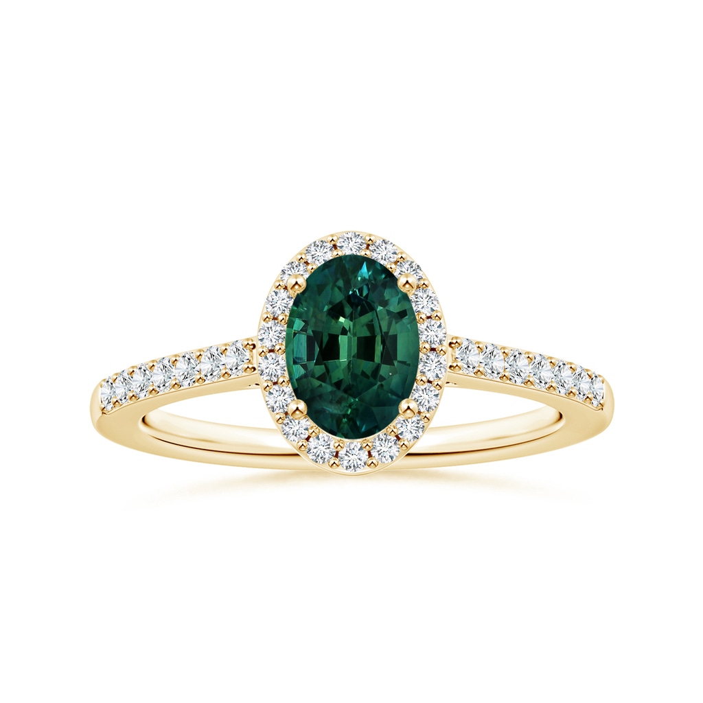 8.08x6.05x4.30mm AAA GIA Certified Oval Teal Montana Sapphire Halo Ring with Diamonds in Yellow Gold