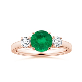 6.82x6.72x4.34mm AAA Three Stone GIA Certified Round Emerald Ring with Diamonds in 18K Rose Gold