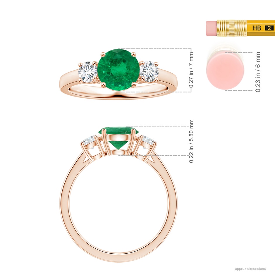 6.82x6.72x4.34mm AAA Three Stone GIA Certified Round Emerald Ring with Diamonds in Rose Gold ruler
