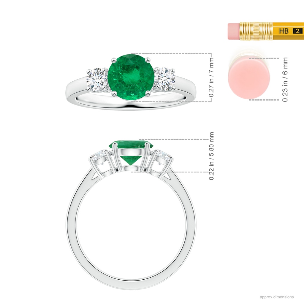 6.82x6.72x4.34mm AAA Three Stone GIA Certified Round Emerald Ring with Diamonds in White Gold ruler