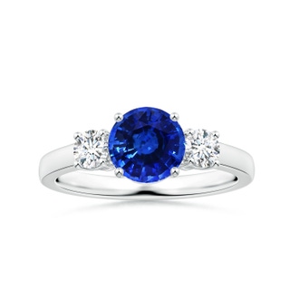 7.04x6.98x4.33mm AAA Three stone GIA Certified Round Blue Sapphire Ring with Diamonds in 18K White Gold