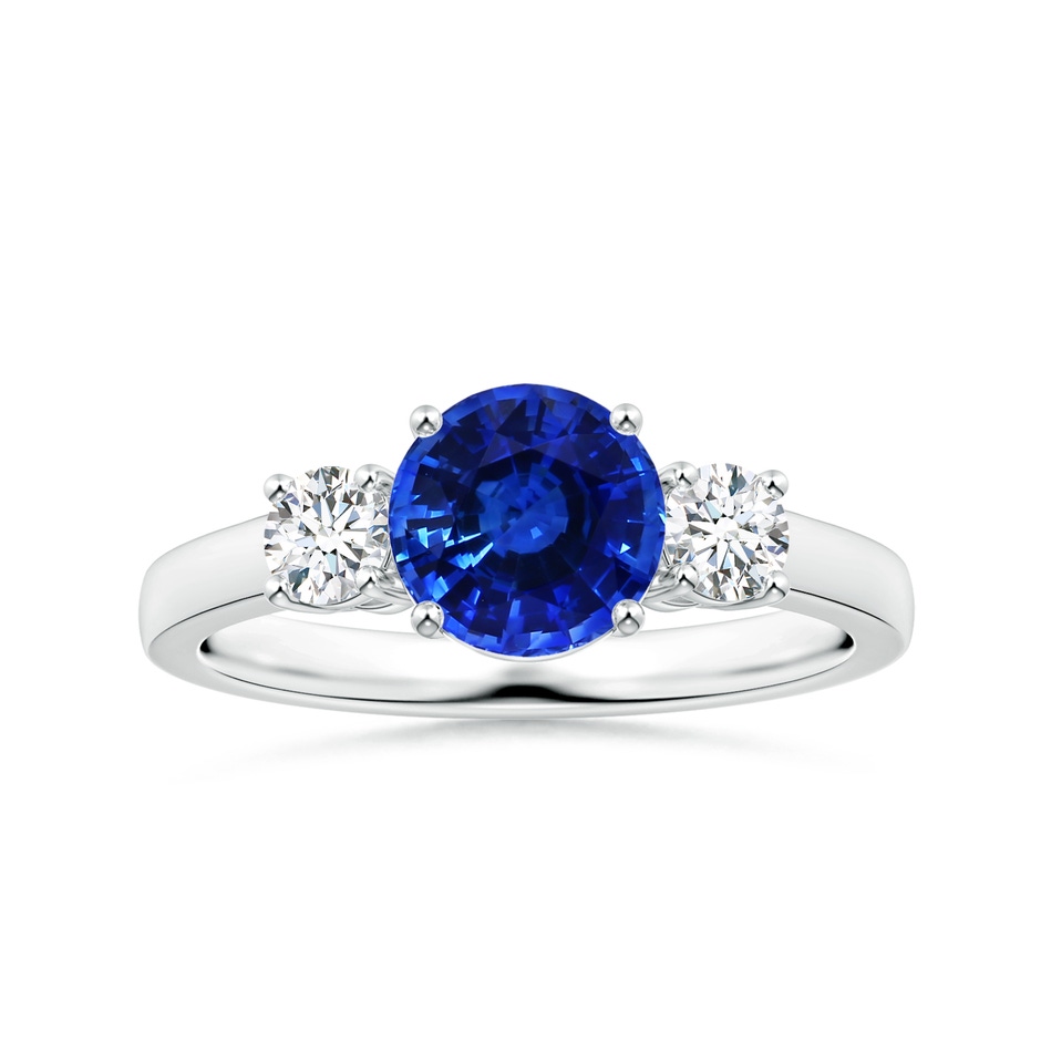 7.04x6.98x4.33mm AAA Three stone GIA Certified Round Blue Sapphire Ring with Diamonds in 18K White Gold 