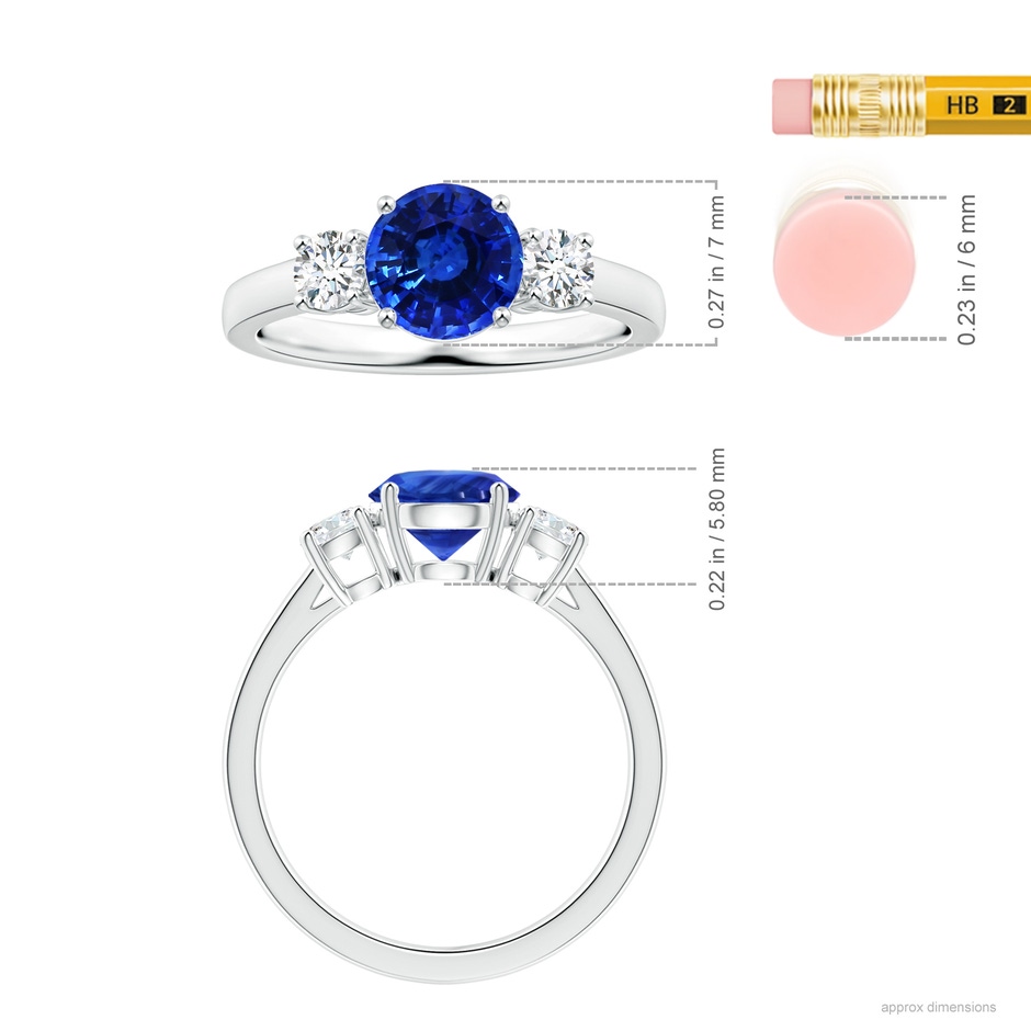 7.04x6.98x4.33mm AAA Three stone GIA Certified Round Blue Sapphire Ring with Diamonds in 18K White Gold ruler