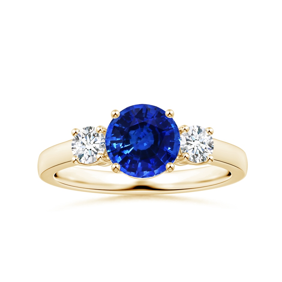 7.04x6.98x4.33mm AAA Three stone GIA Certified Round Blue Sapphire Ring with Diamonds in Yellow Gold 