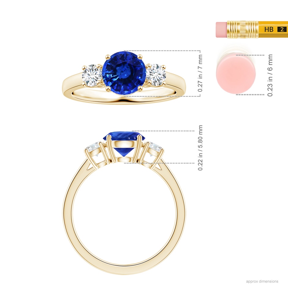 7.04x6.98x4.33mm AAA Three stone GIA Certified Round Blue Sapphire Ring with Diamonds in Yellow Gold ruler