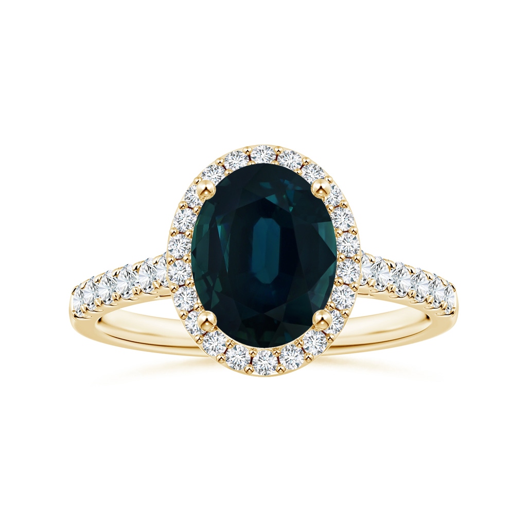 9.70x7.06x5.66mm A GIA Certified Oval Blue Sapphire Halo Ring with Diamond Accents in Yellow Gold