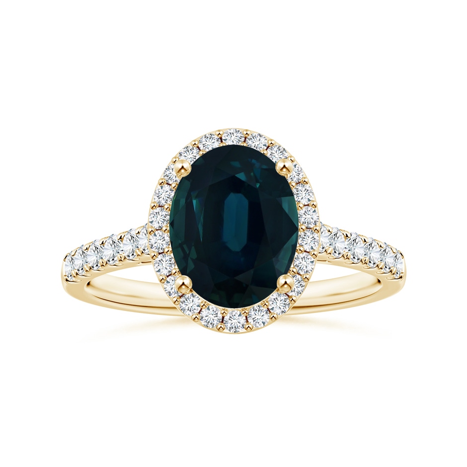 9.70x7.06x5.66mm A GIA Certified Oval Blue Sapphire Halo Ring with Diamond Accents in Yellow Gold 
