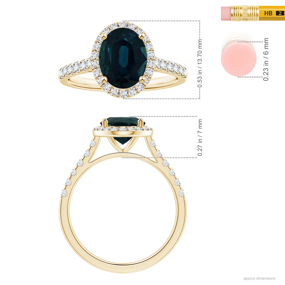 9.70x7.06x5.66mm A GIA Certified Oval Blue Sapphire Halo Ring with Diamond Accents in Yellow Gold ruler