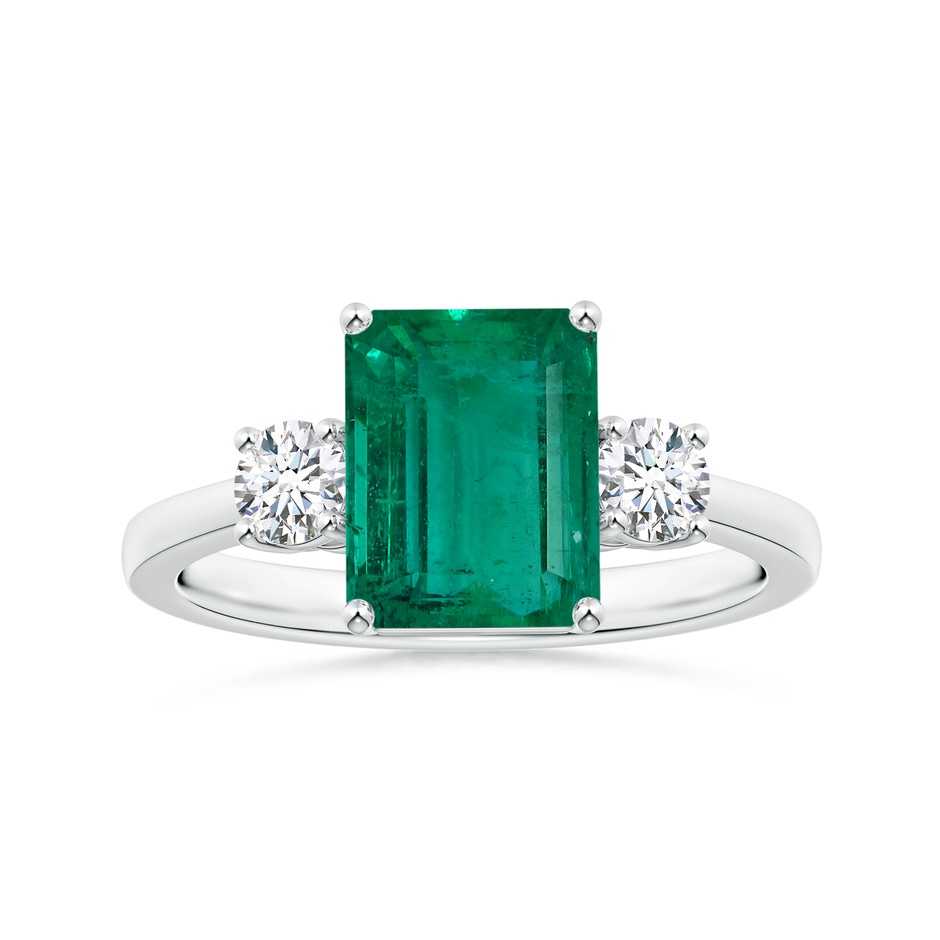 9.14x7.15x4.78mm AAA Reverse Tapered Shank GIA Certified Emerald-Cut Emerald Three Stone Ring in White Gold 