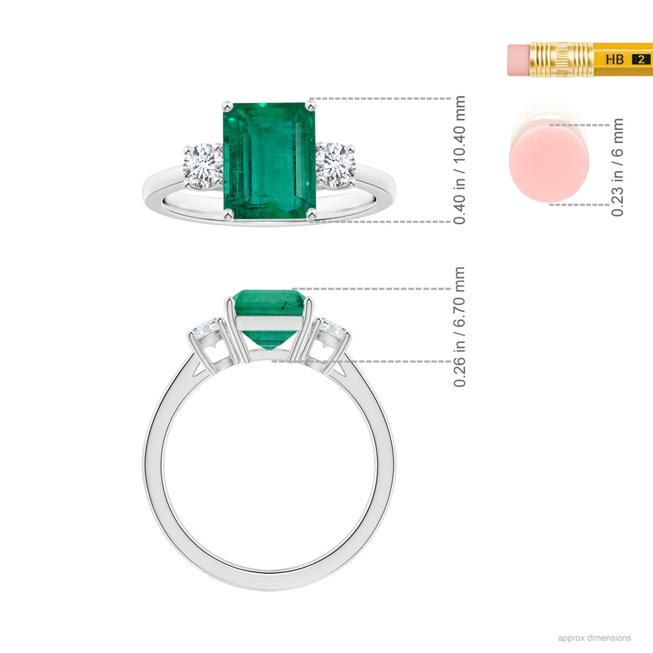 9.14x7.15x4.78mm AAA Reverse Tapered Shank GIA Certified Emerald-Cut Emerald Three Stone Ring in White Gold ruler