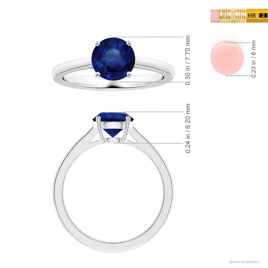 7.73x7.69x4.14mm AAA GIA Certified Round Sapphire Solitaire Ring with Reverse Tapered Shank in 18K White Gold Ruler