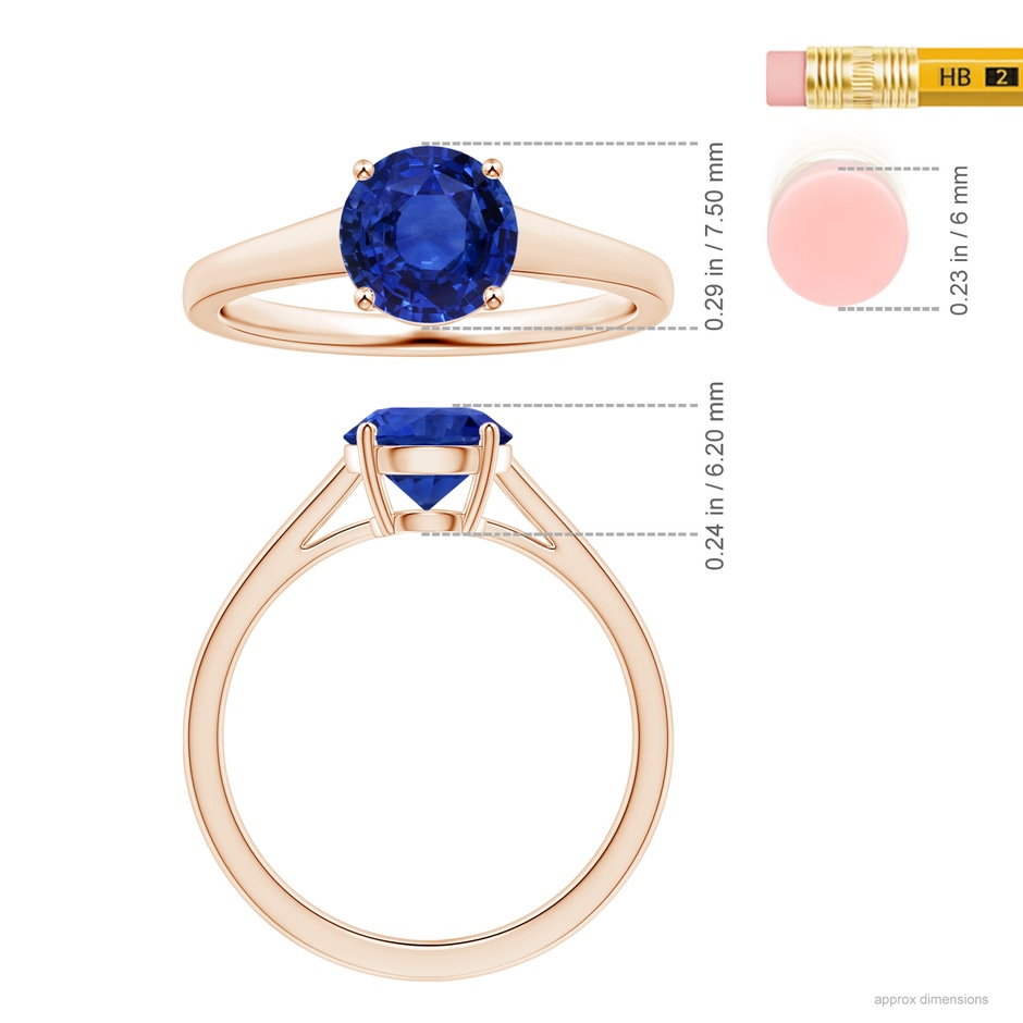 8.88x8.84x5.63mm AAA GIA Certified Round Sapphire Solitaire Ring with Tapered Shank in Rose Gold ruler