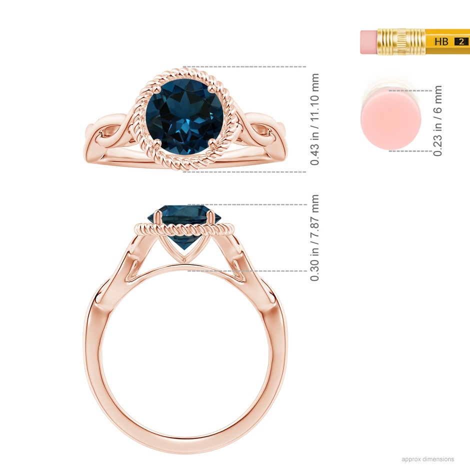 8.01x7.93x5.38mm AAA GIA Certified Round London Blue Topaz Twisted Halo Ring in 18K Rose Gold ruler