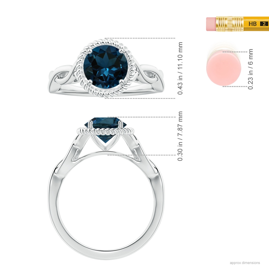 8.01x7.93x5.38mm AAA GIA Certified Round London Blue Topaz Twisted Halo Ring in P950 Platinum ruler