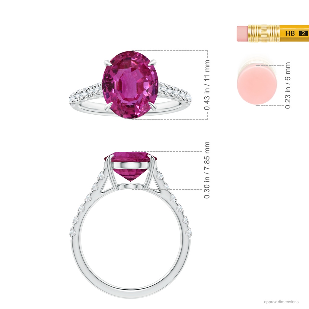 11.16x9.20x6.48mm AAA Claw-Set GIA Certified Oval Pink Sapphire Ring with Diamonds in 18K White Gold Ruler