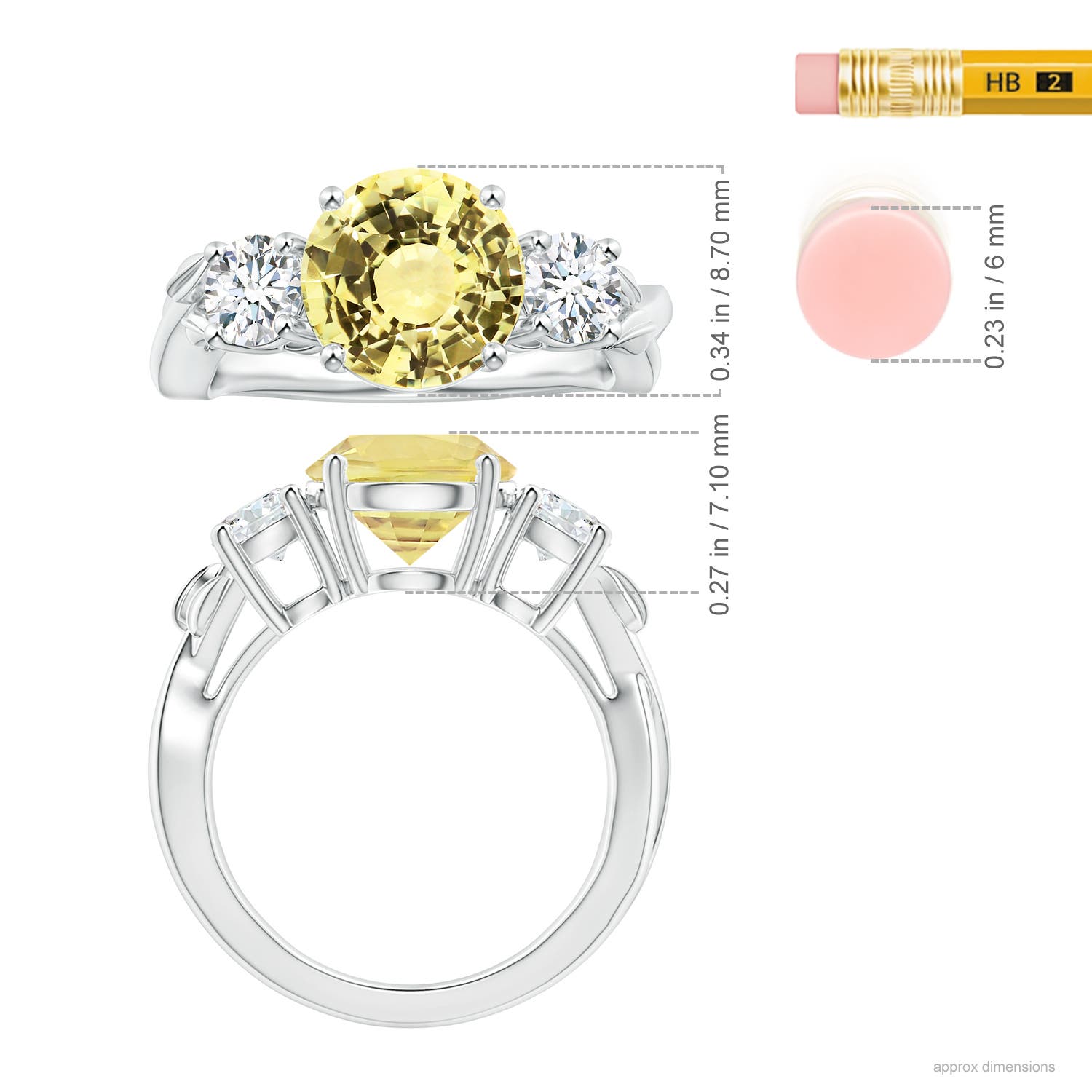 8.7x8.7x5.48mm AAA Nature Inspired GIA Certified Yellow Sapphire Three Stone Ring with Diamonds in 18CT White Gold - ruler