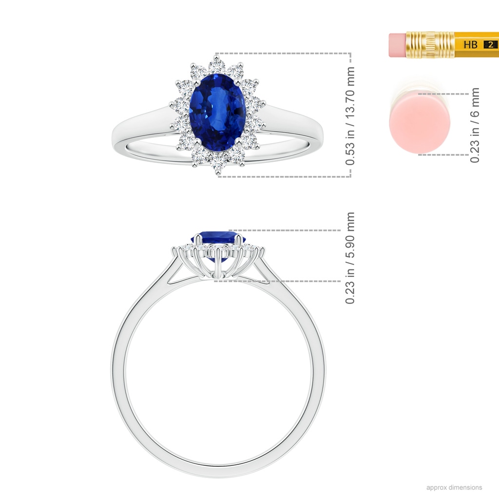 8.15x6.10x3.74mm AA Princess Diana Inspired Oval Sapphire Tapered Ring with Halo in P950 Platinum ruler