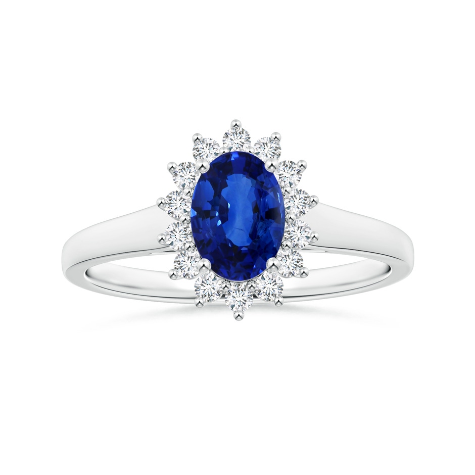 8.15x6.10x3.74mm AA Princess Diana Inspired Oval Sapphire Tapered Ring with Halo in White Gold 