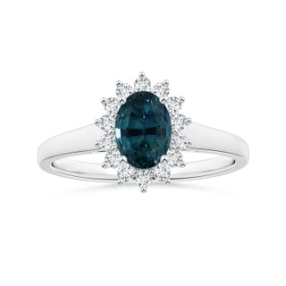 7.93x5.97x4.94mm AAA Princess Diana Inspired GIA Certified Oval Teal Sapphire Tapered Ring with Halo in 18K White Gold