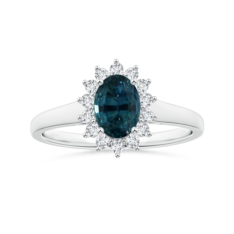 7.93x5.97x4.94mm AAA Princess Diana Inspired GIA Certified Oval Teal Sapphire Tapered Ring with Halo in 18K White Gold 