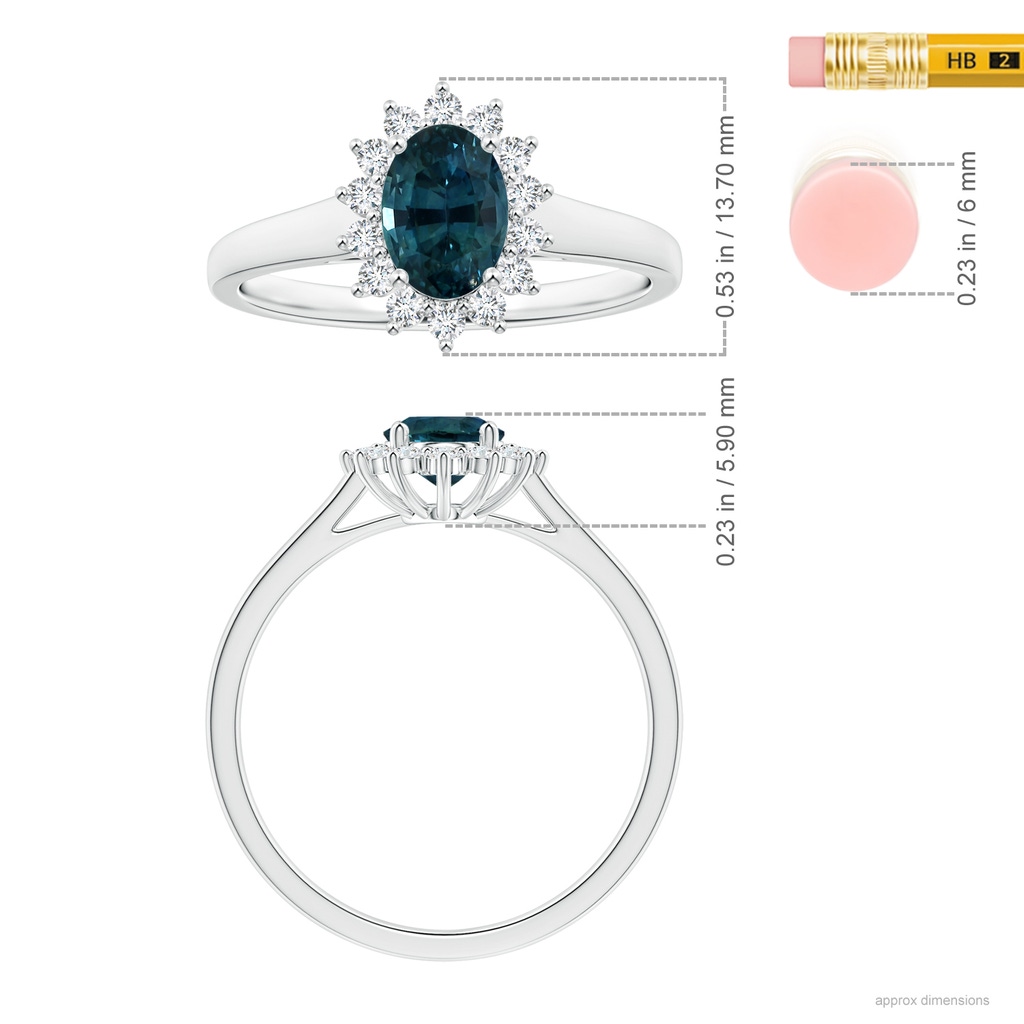 7.93x5.97x4.94mm AAA Princess Diana Inspired GIA Certified Oval Teal Sapphire Tapered Ring with Halo in 18K White Gold Ruler