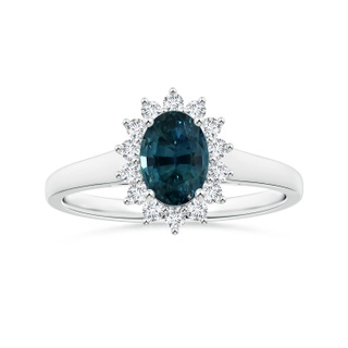 7.93x5.97x4.94mm AAA Princess Diana Inspired GIA Certified Oval Teal Sapphire Tapered Ring with Halo in P950 Platinum