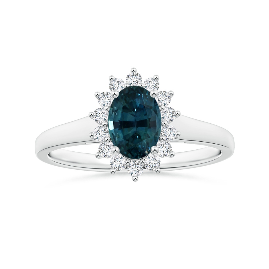 7.93x5.97x4.94mm AAA Princess Diana Inspired GIA Certified Oval Teal Sapphire Tapered Ring with Halo in P950 Platinum 