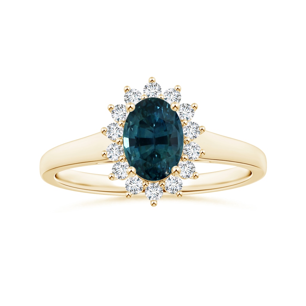 7.93x5.97x4.94mm AAA Princess Diana Inspired GIA Certified Oval Teal Sapphire Tapered Ring with Halo in Yellow Gold
