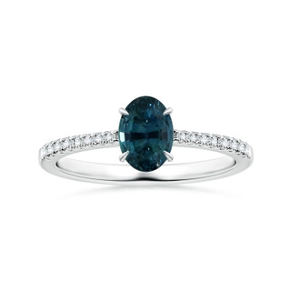 7.93x5.97x4.94mm AAA Claw-Set GIA Certified Oval Teal Sapphire Reverse Tapered Ring with Diamonds in 18K White Gold