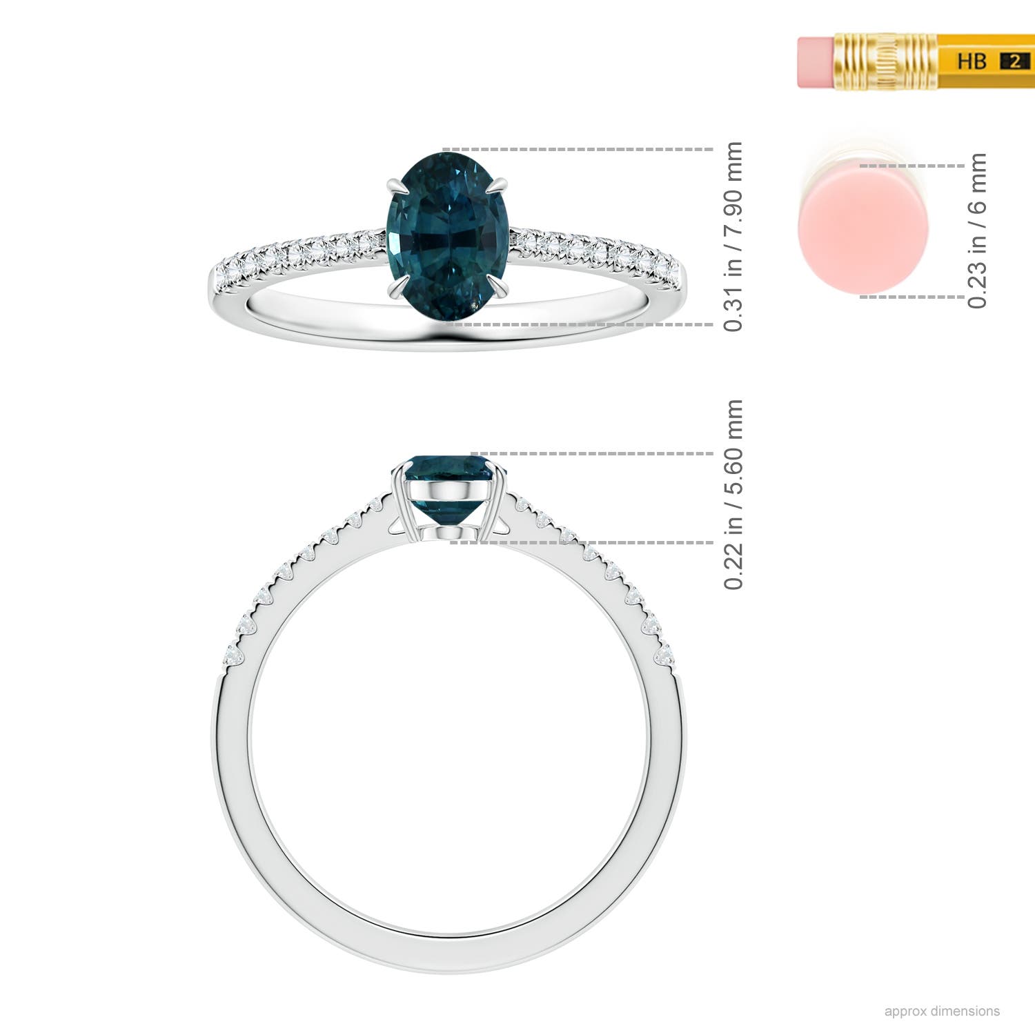 7.93x5.97x4.94mm AAA Claw-Set GIA Certified Oval Teal Sapphire Reverse Tapered Ring with Diamonds in 18CT White Gold - ruler