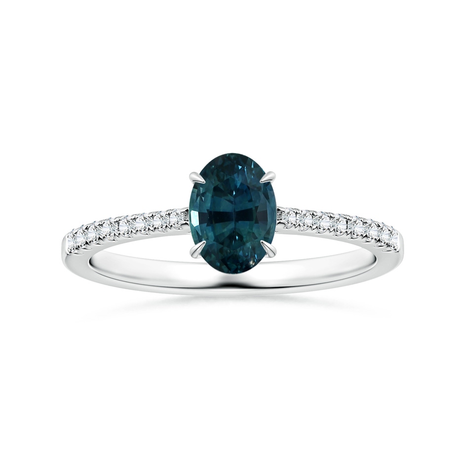 7.93x5.97x4.94mm AAA Claw-Set GIA Certified Oval Teal Sapphire Reverse Tapered Ring with Diamonds in P950 Platinum 