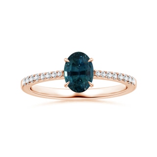 7.93x5.97x4.94mm AAA Claw-Set GIA Certified Oval Teal Sapphire Reverse Tapered Ring with Diamonds in Rose Gold