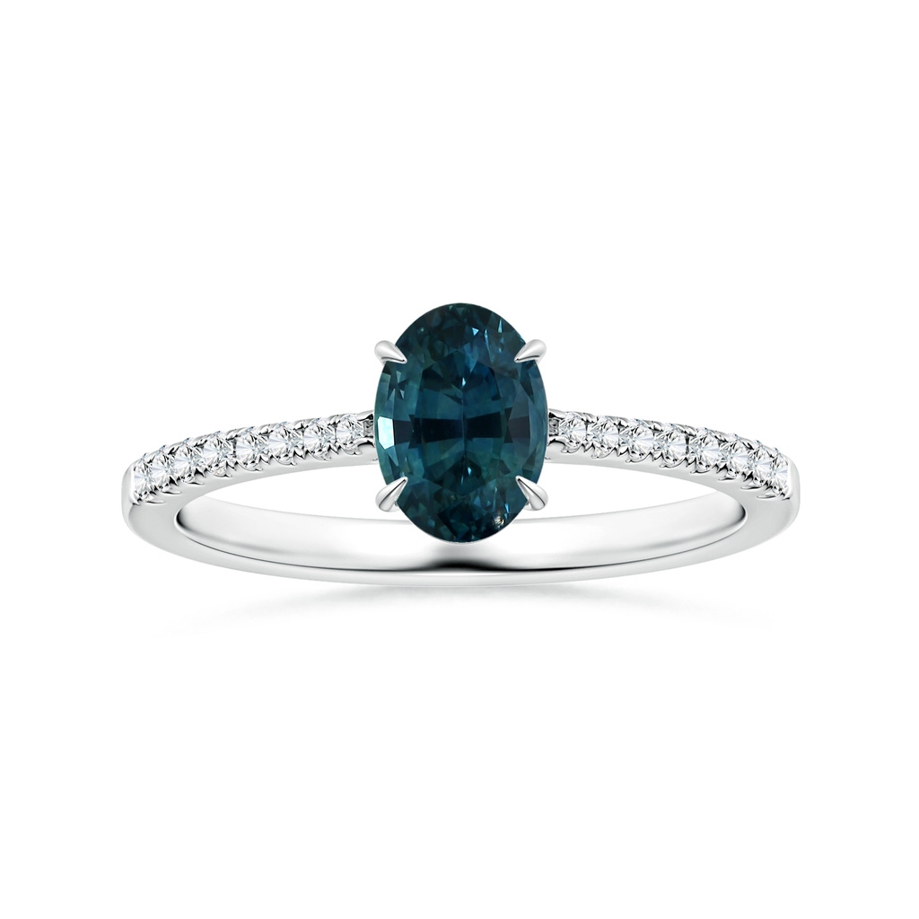 7.93x5.97x4.94mm AAA Claw-Set GIA Certified Oval Teal Sapphire Reverse Tapered Ring with Diamonds in White Gold