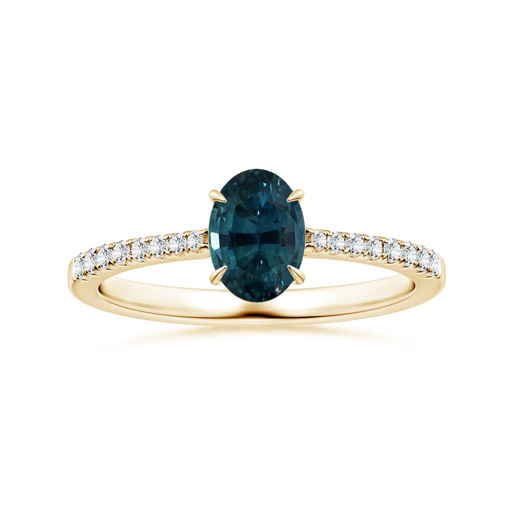 7.93x5.97x4.94mm AAA Claw-Set GIA Certified Oval Teal Sapphire Reverse Tapered Ring with Diamonds in Yellow Gold